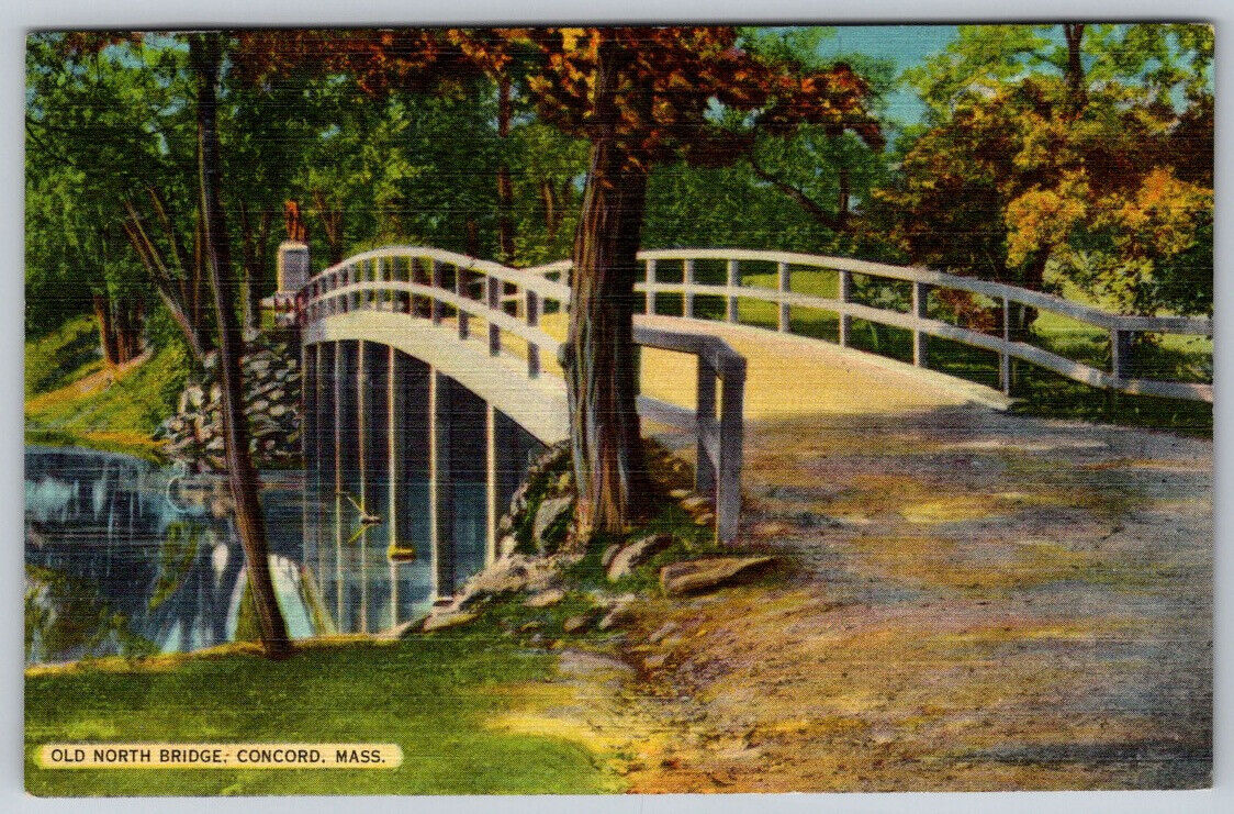 Old North Bridge Concord Massachusetts MA, Vintage Linen Postcard