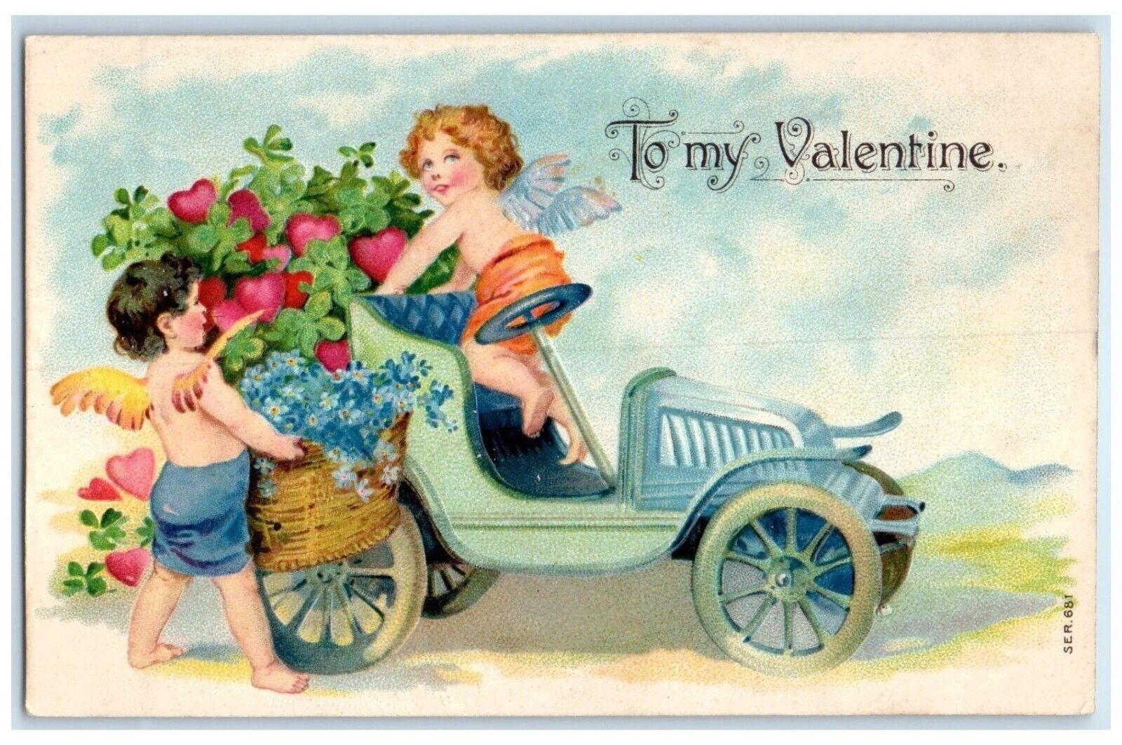 c1910's Valentine Cupid Angel Car Flowers In Basket Heart Clover Posted Postcard