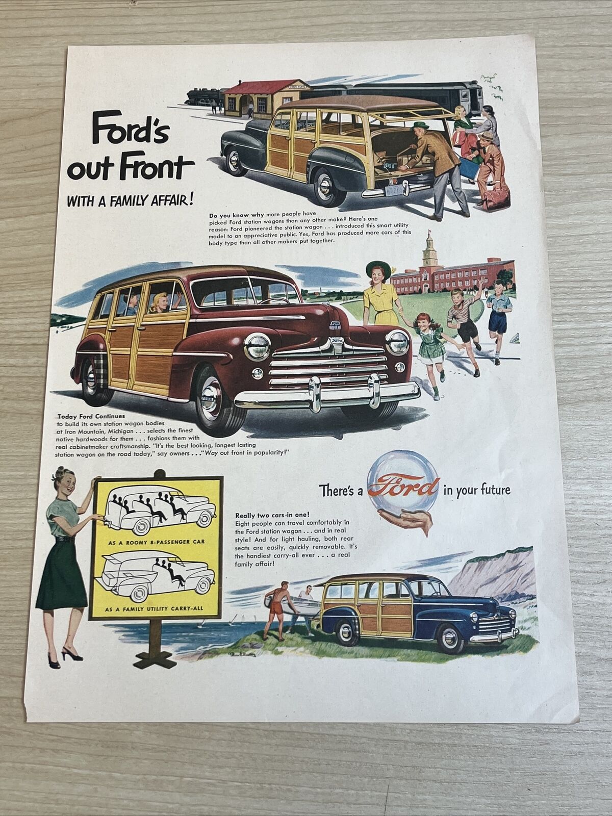 1947 Ford Woody Vintage Print Ad Life Magazine Ford\'s Out Front Family Affair