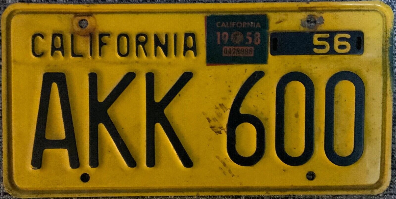 VARIOUS PLATE NUMBERS 1956 base California passenger yellow black license plate