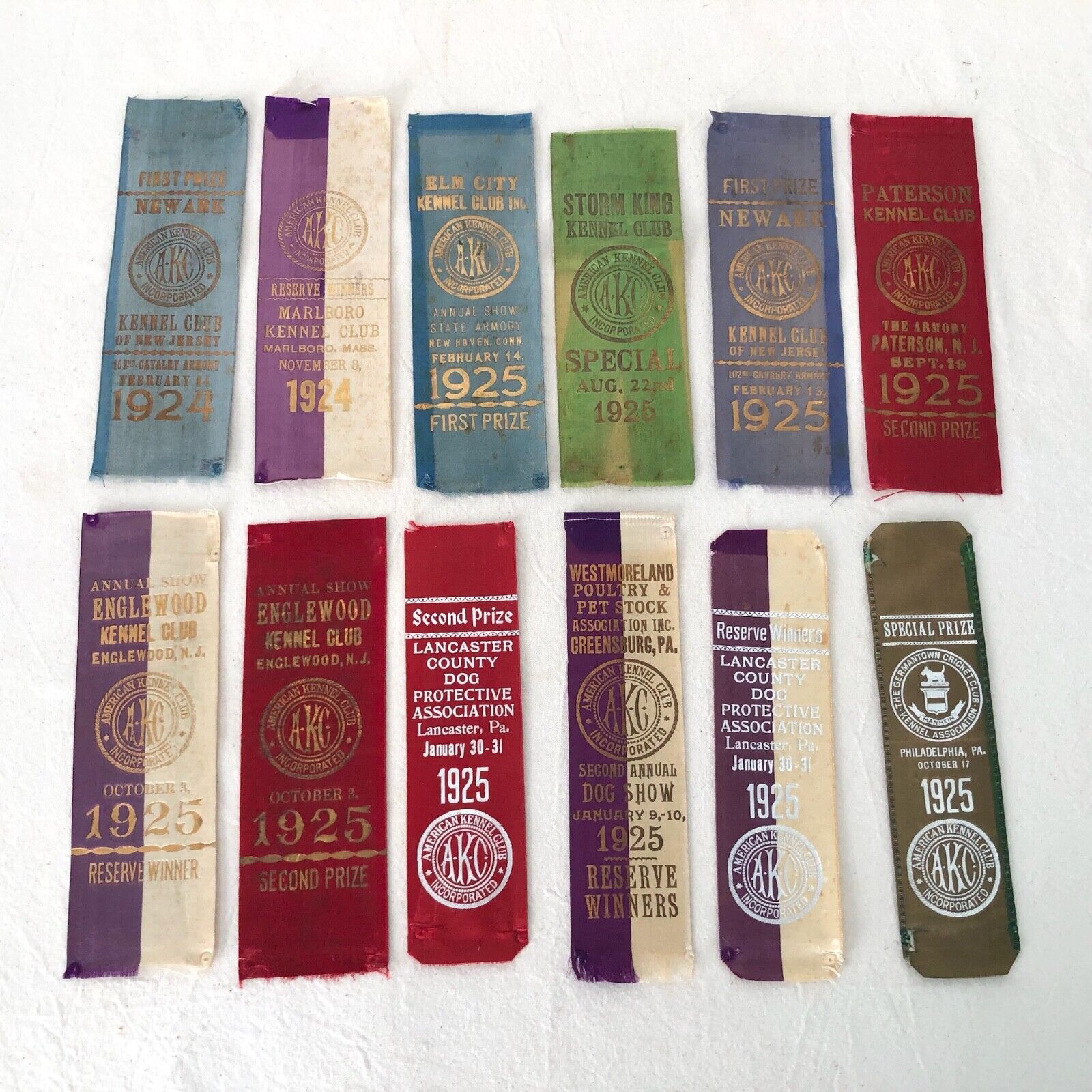 Antique 1924 & 1925 AKC - American Kennel Club Award Prize Ribbons Lot of 12