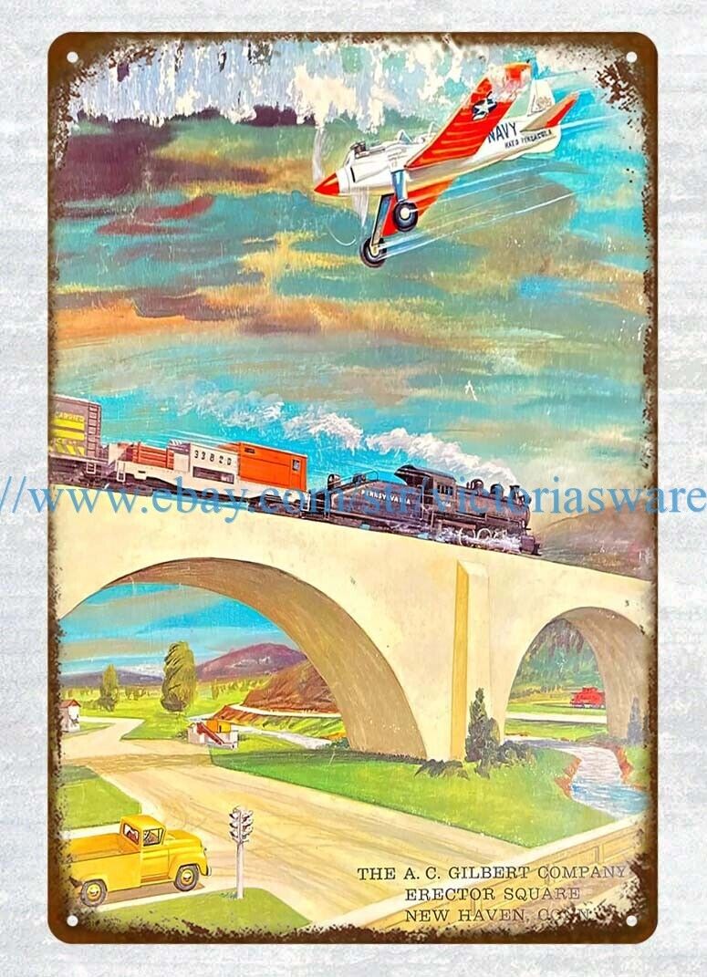 1962 A.C. Gilbert American Flyer Toy Trains Planes Cars metal tin sign