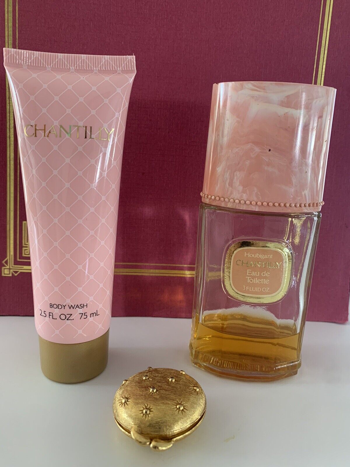 (3) VTG Houbigant Chantilly Solid Perfume Gold Tone. EDT 30% Full, Body Wash