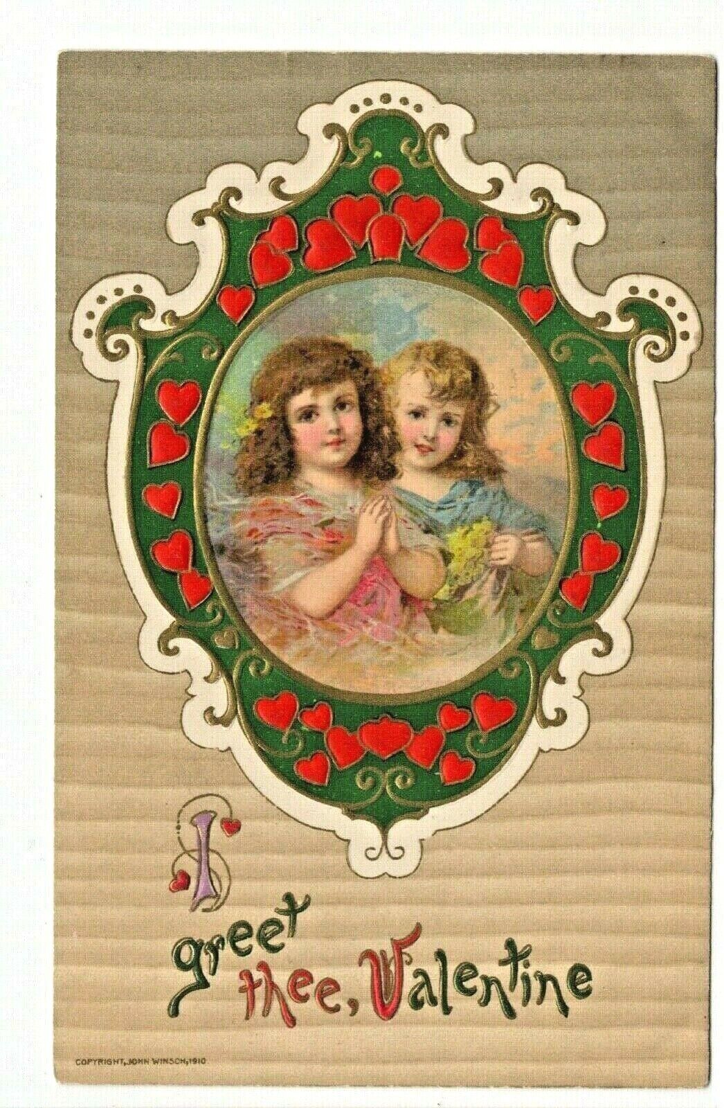 John Winsch Valentine Vintage Postcard Girls Art Nouveau Border Heart Gold 1910