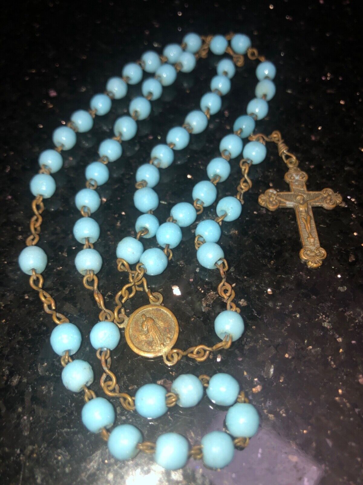 Old Vintage Antique Italian Rosary 59 blue glass beads,