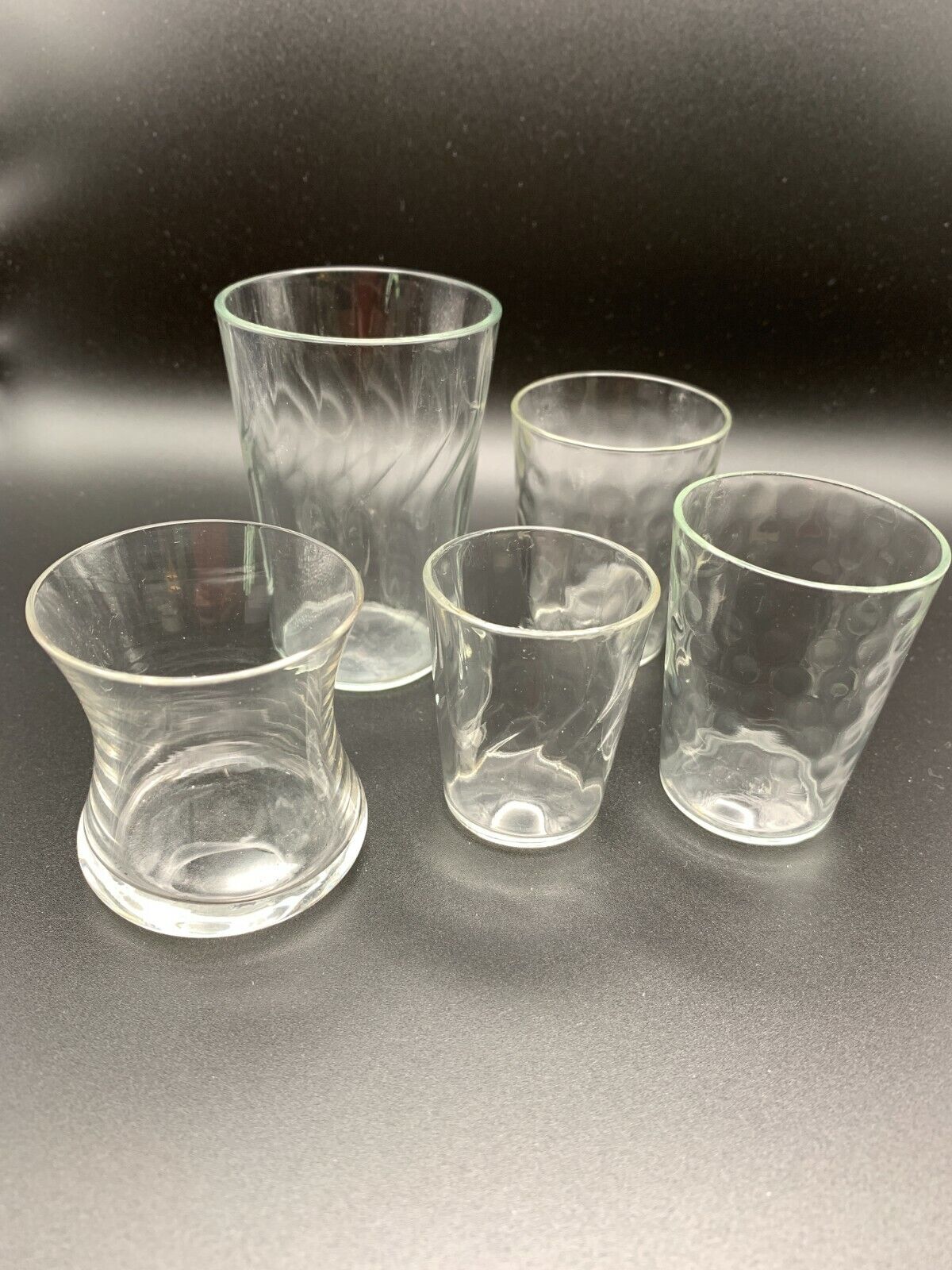 Antique clear glass 5 shot glasses lot swirl and corset shape thin fine glass 
