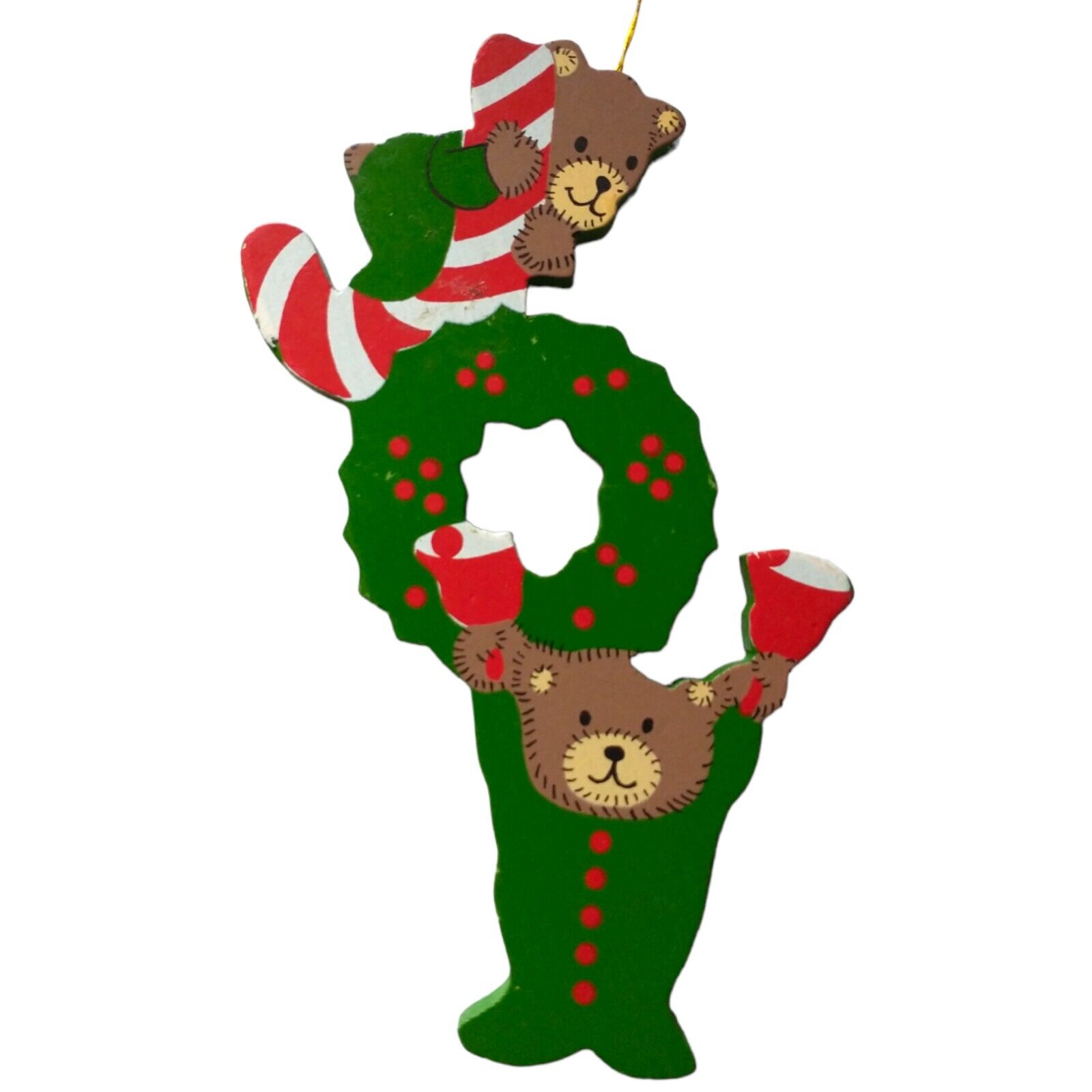JOY Spell Out Ornament Wood Christmas Die Cut Bears Wreath Handpainted Handmade 