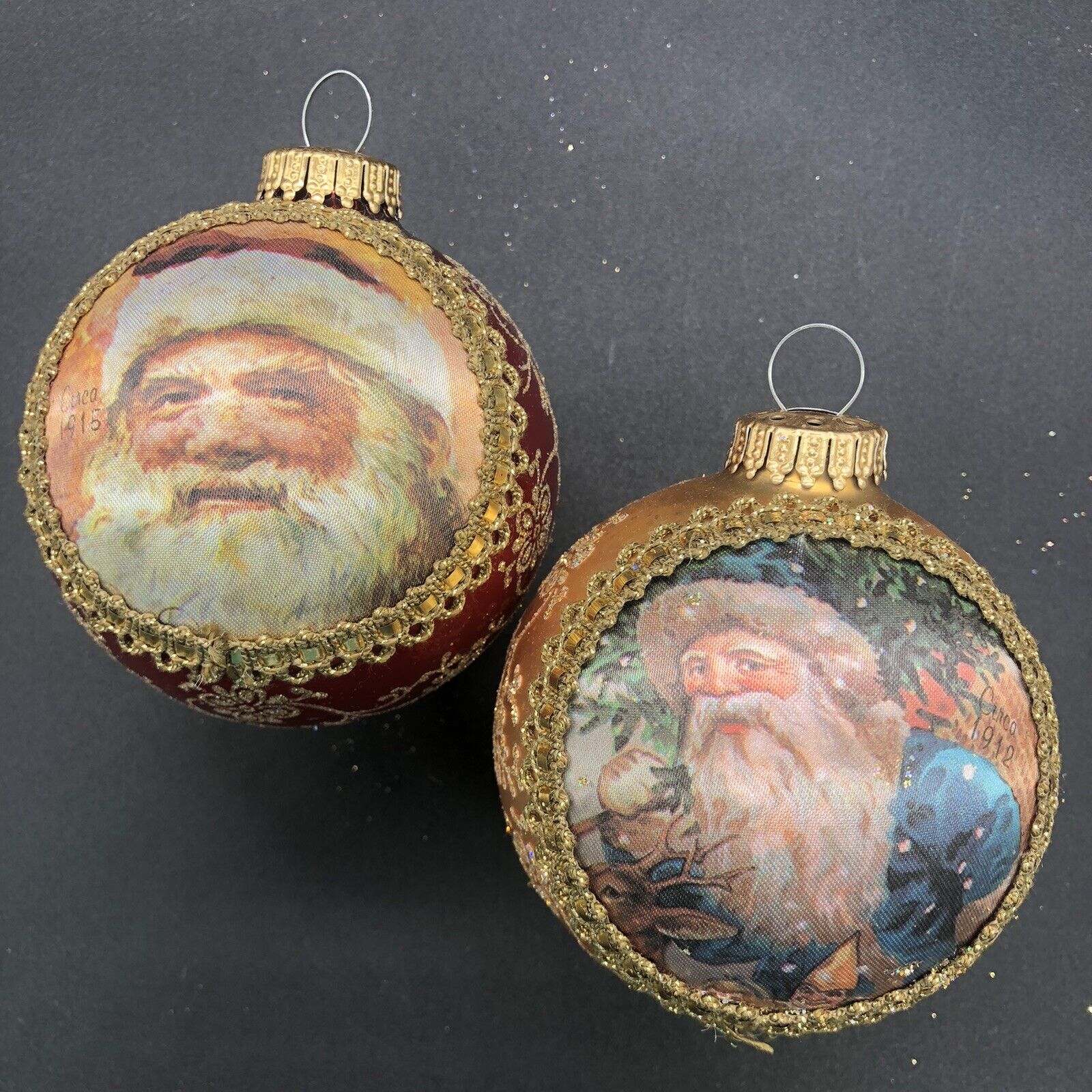2 Vtg Christmas Krebs Santa On Silk 1915 & 1912 Dated 1996 & 1998 Ornaments Box