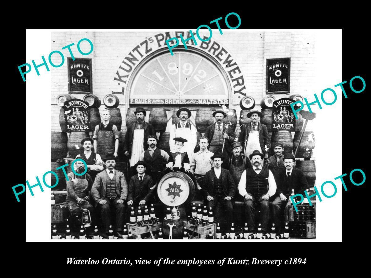 OLD POSTCARD SIZE PHOTO OF WATERLOO ONTARIO THE KUNTZ BREWERY WORKERS c1894