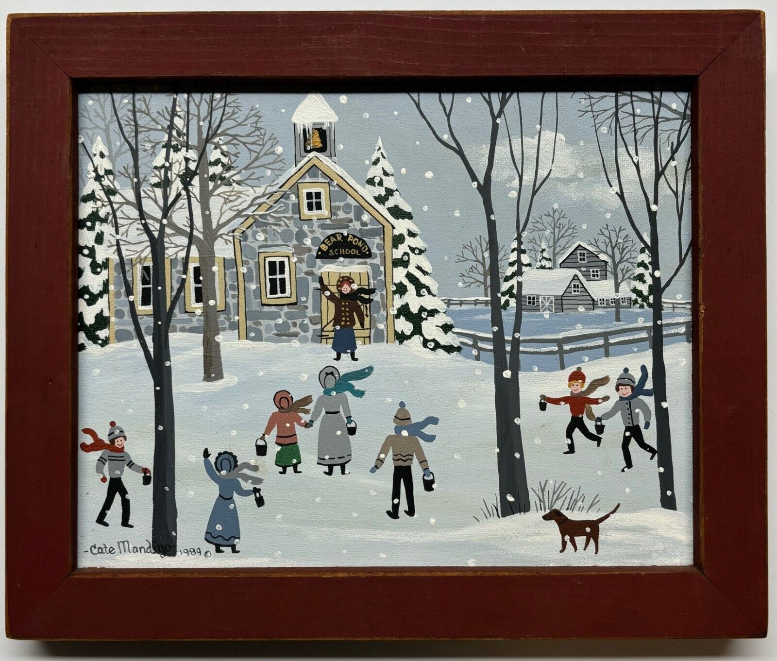 Original CATE MANDIGO \'Bear Pond School\' Winter Children FOLK ART Oil Painting