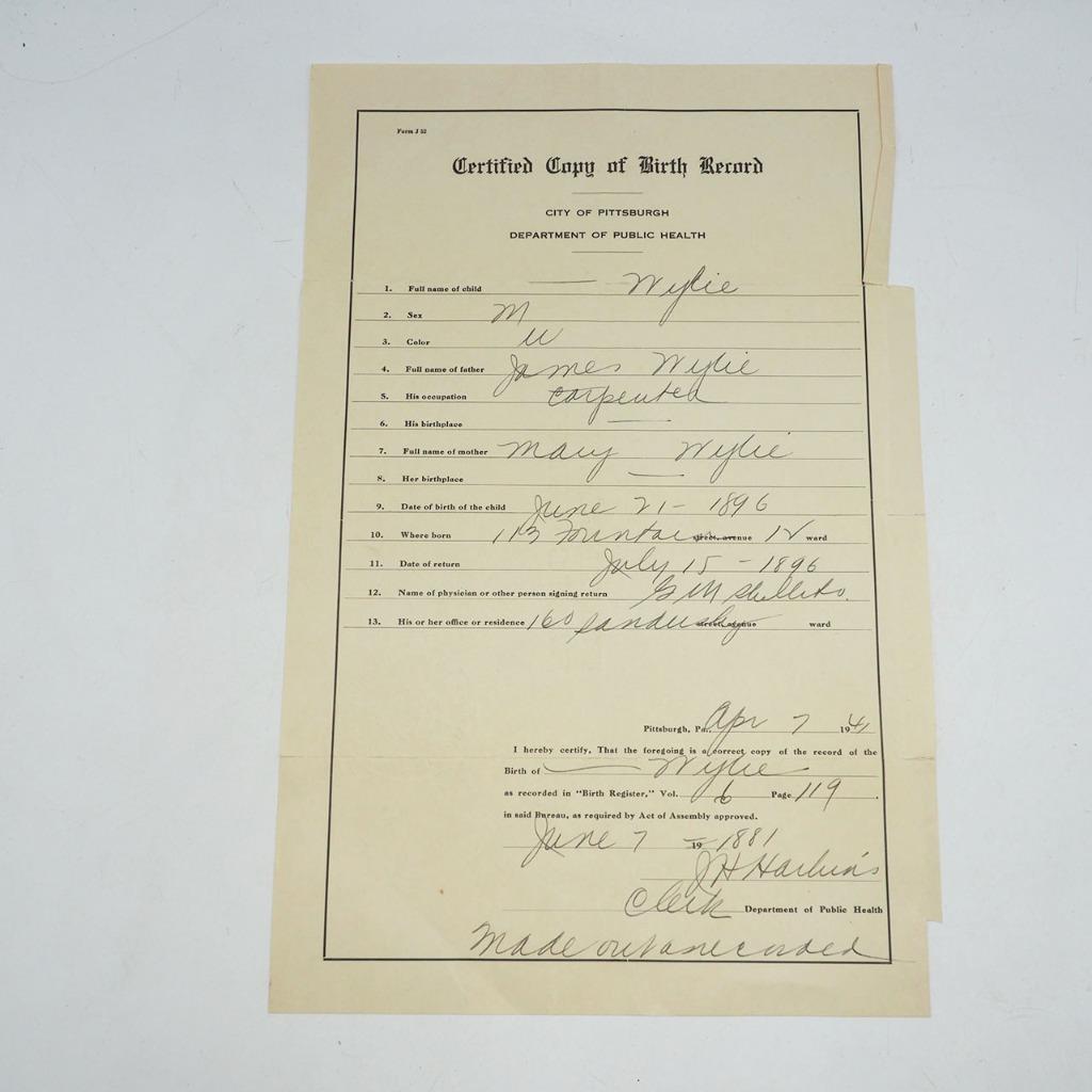 Vintage Certified Copy of Birth Record Pittsburgh PA 1941