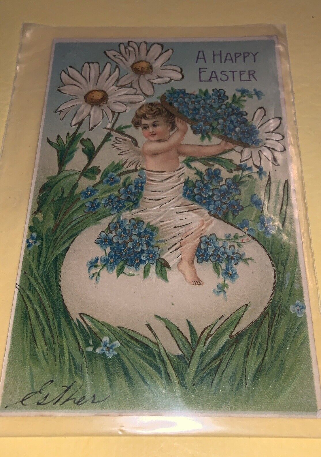 Vintage Easter Angel W Forget Me Not Flowers -Embossed-posted April 18 1908 9AM