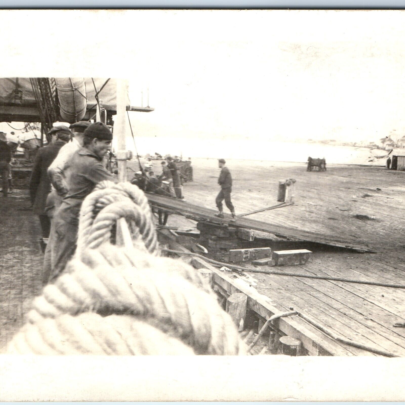 c1910s US Navy Ship Docked RPPC Cart Wood Deck Sailors Ramp Real Photo PC A127