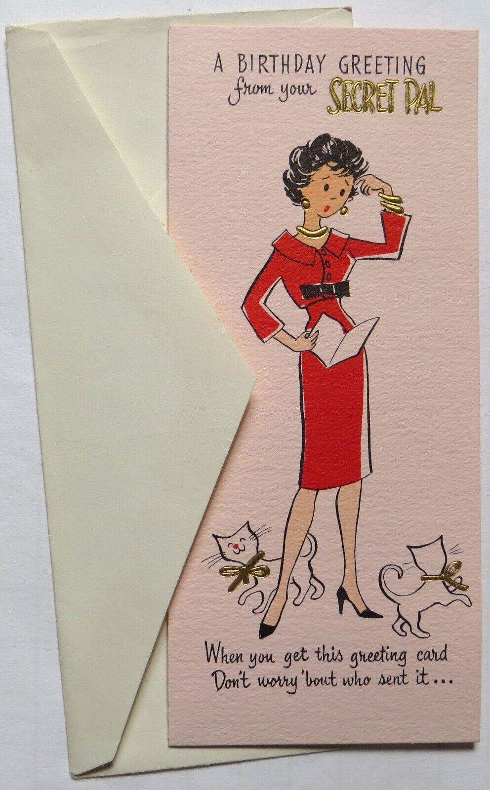 Vtg Unused Secret Pal Birthday Card-RETRO ELEGANT LADY WITH CATS