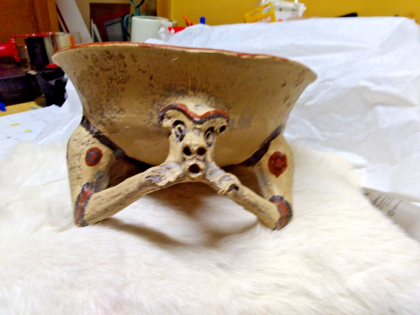 pre-columbian style bowl footed, unusual composition