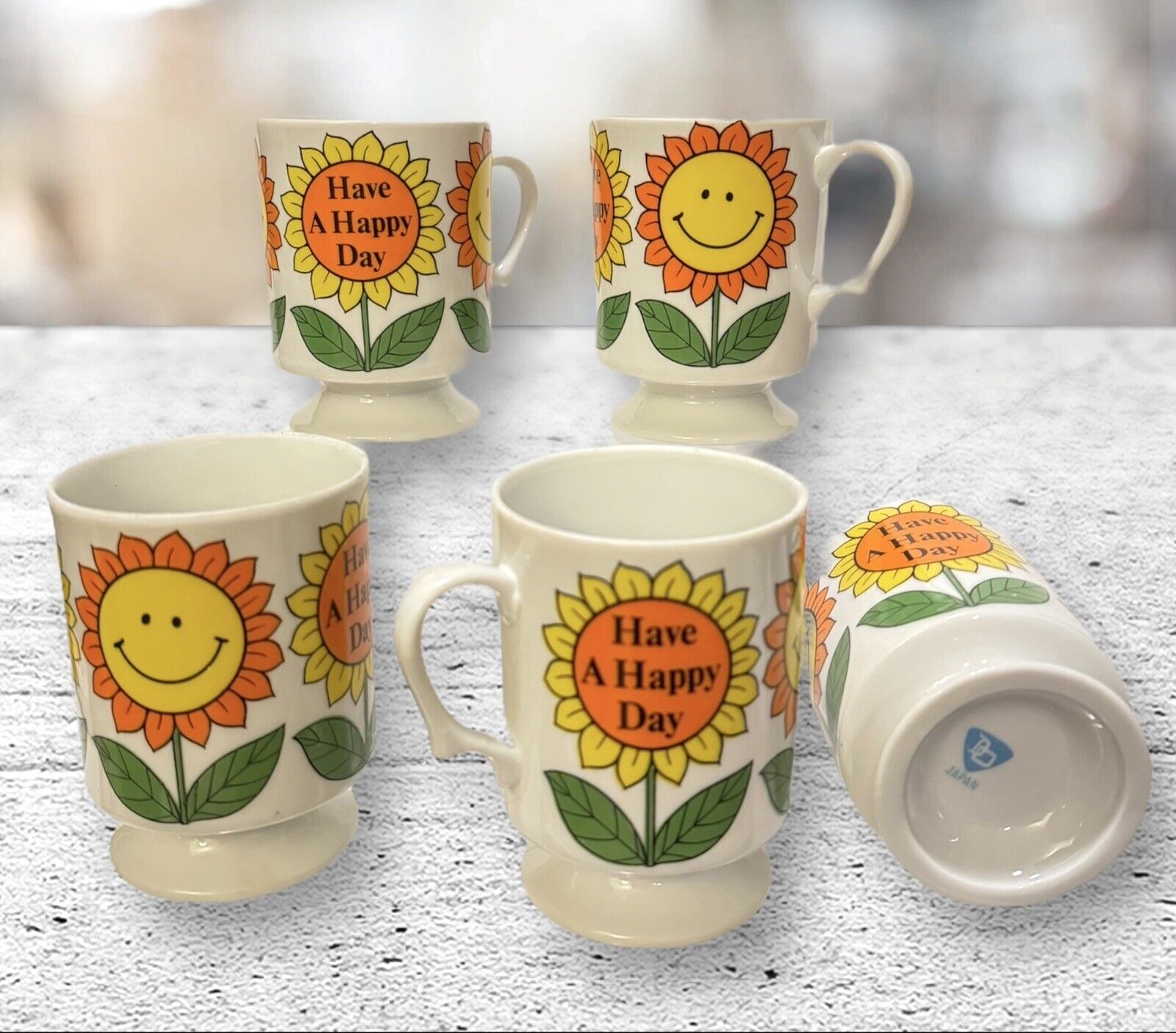 5 Vintage 70\'s Smiley Face Flower, Have A Nice Day, Pedestal Coffee Cups MCM