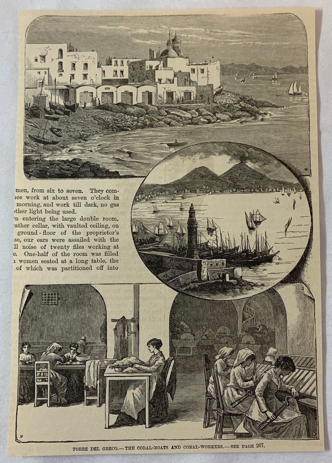 1883 magazine engraving~ TORRE DEL GRECO Italy ~ CORAL BOATS AND WORKERS