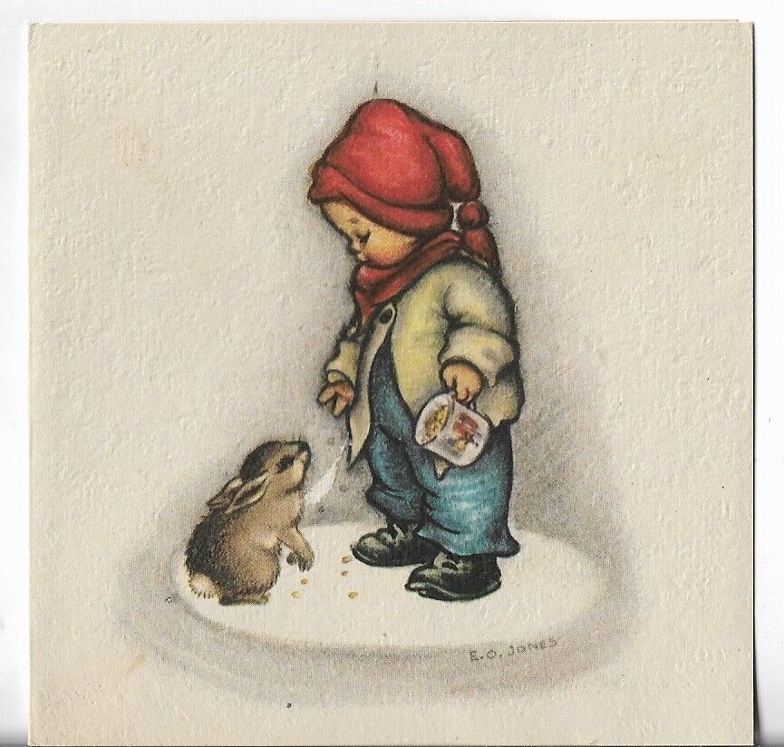 Used Vtg CHRISTMAS CARD-apx 4x4 Little Boy w/Red Cap Feeding Baby Bunny