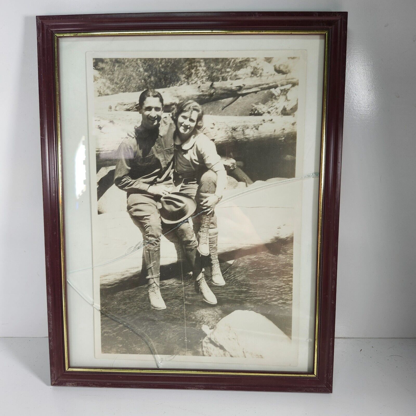 Vintage Black and White Framed Photo Young Gentleman and Young Lady Adventure