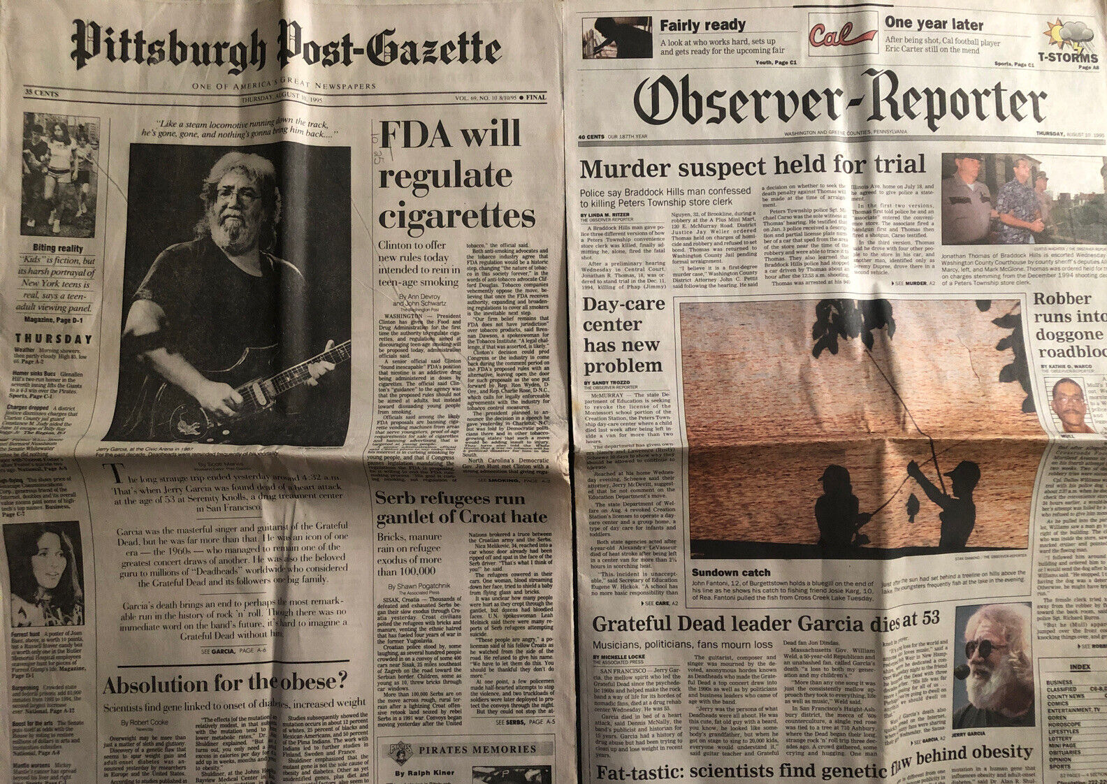 Grateful Dead Jerry Garcia dies Lot of 2 Original 1995 Pennsylvania Newspapers