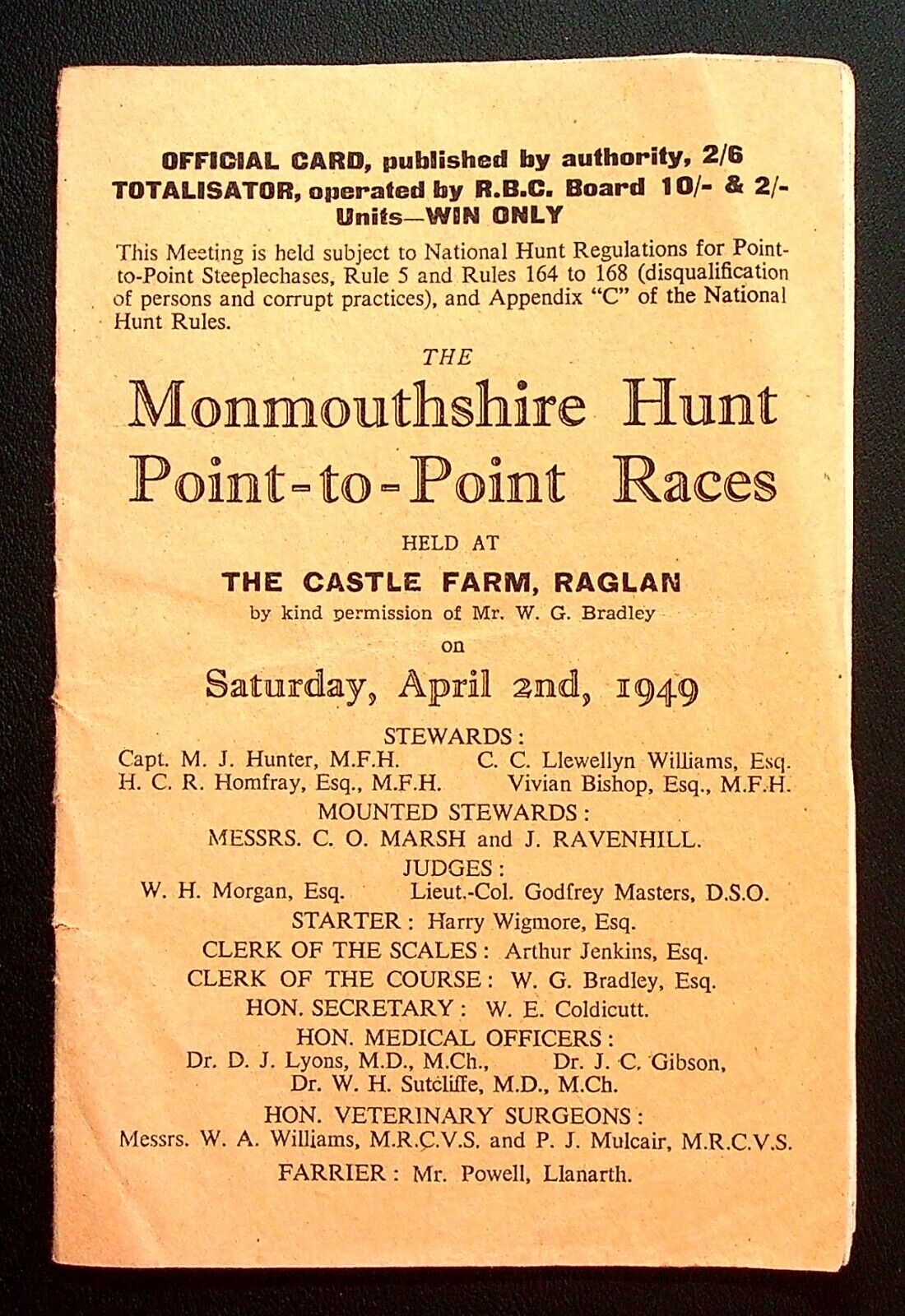 Monmouthshire Hunt Point to Point Races 1949 Program Wales Horses Schedule Card