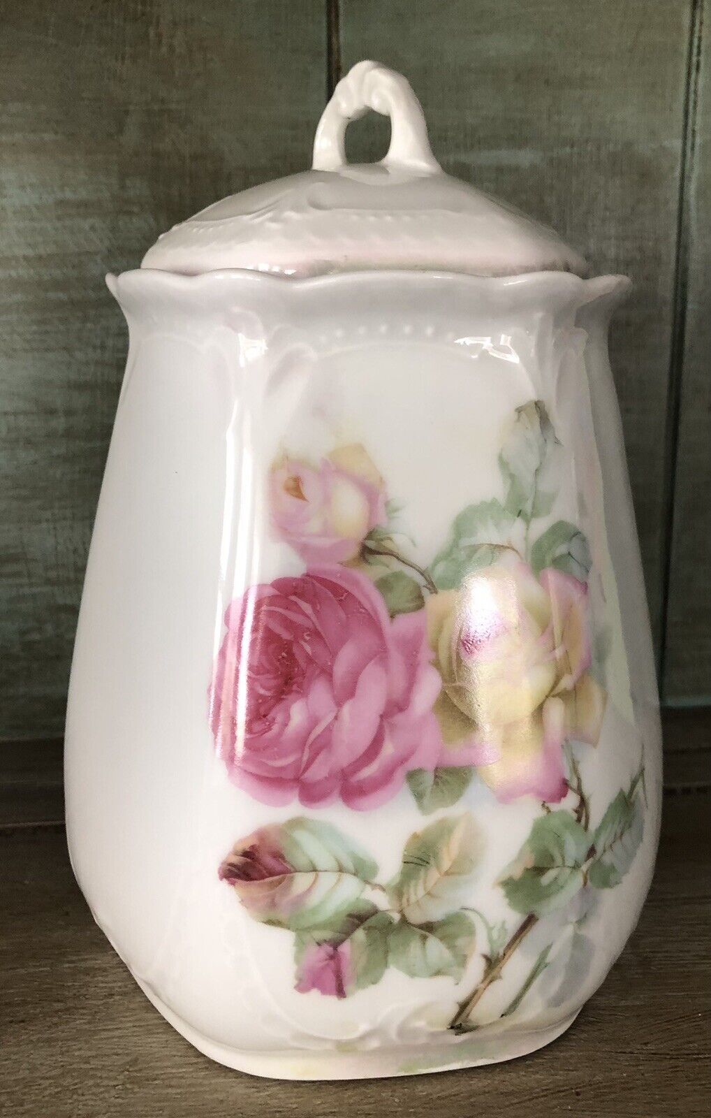 Antique Porcelain Biscuit Lidded Jar With Roses, Germany