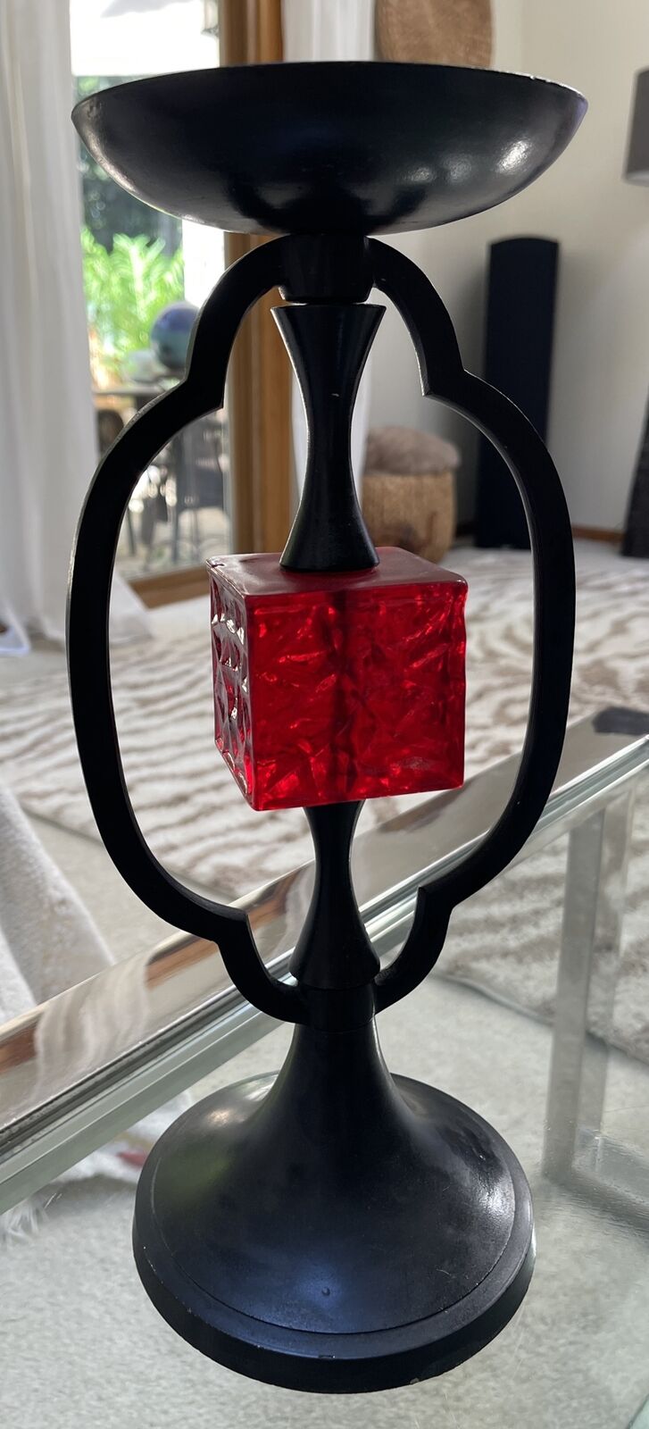 MCM Black Wrought Iron Candle Holder With Fire Red Acrylic Cube FANTASTIC 13.5”