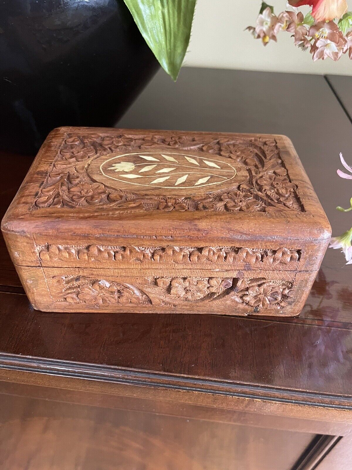 Vnt Shesham Wood Trinket Box Handmade Hand Carved - Intricate Ornate MOP Inlay