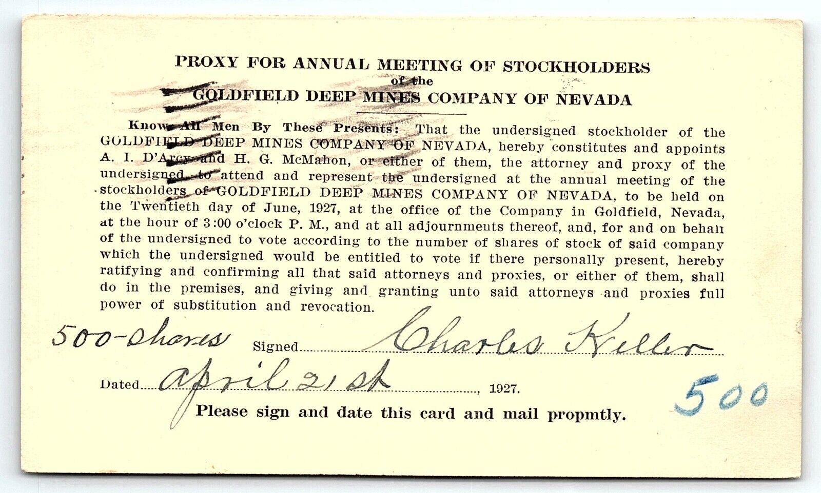 1927 GOLDFIELD DEEP MINES OF NEVADA JUNE MEETING STOCKHOLDERS POSTCARD P1913