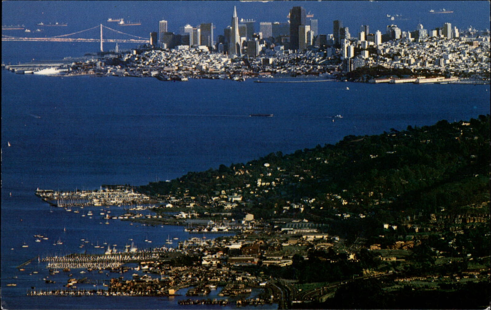 Sausalito California in foreground ~ San Francisco skyline ~ aerial ~ postcard