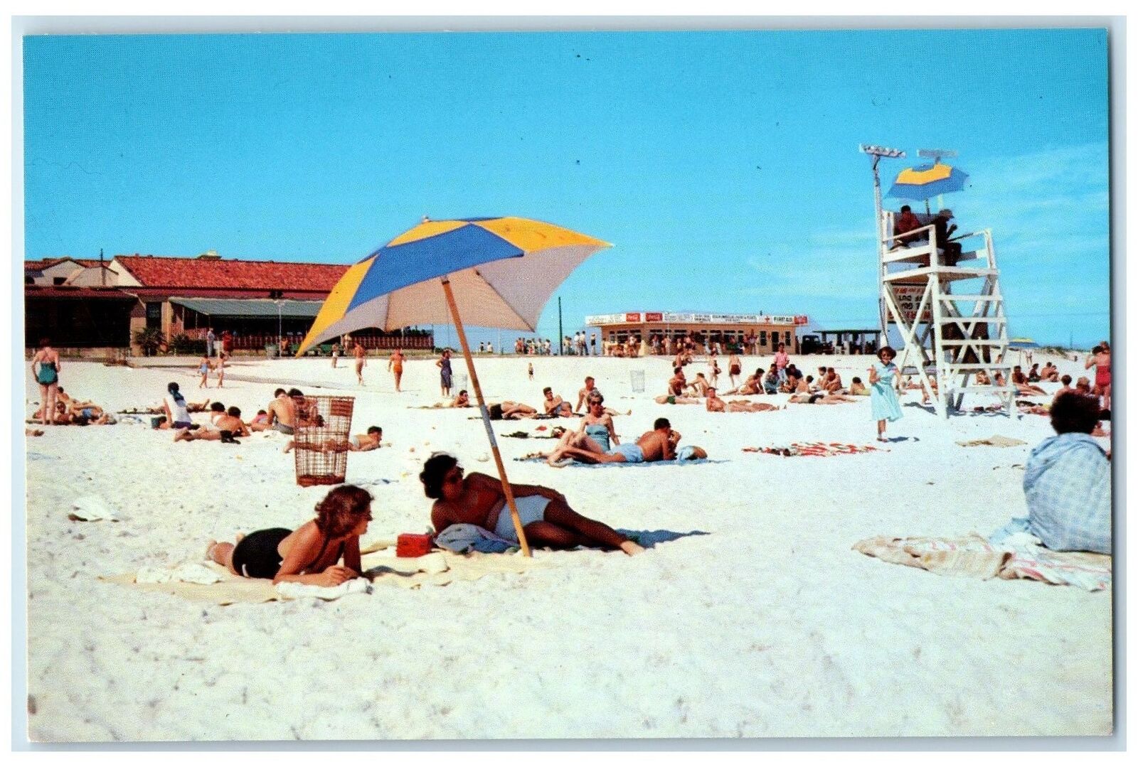 c1950\'s Pensacola & Cantina Beach Sun Bathing Crowd Pensacola Florida Postcard