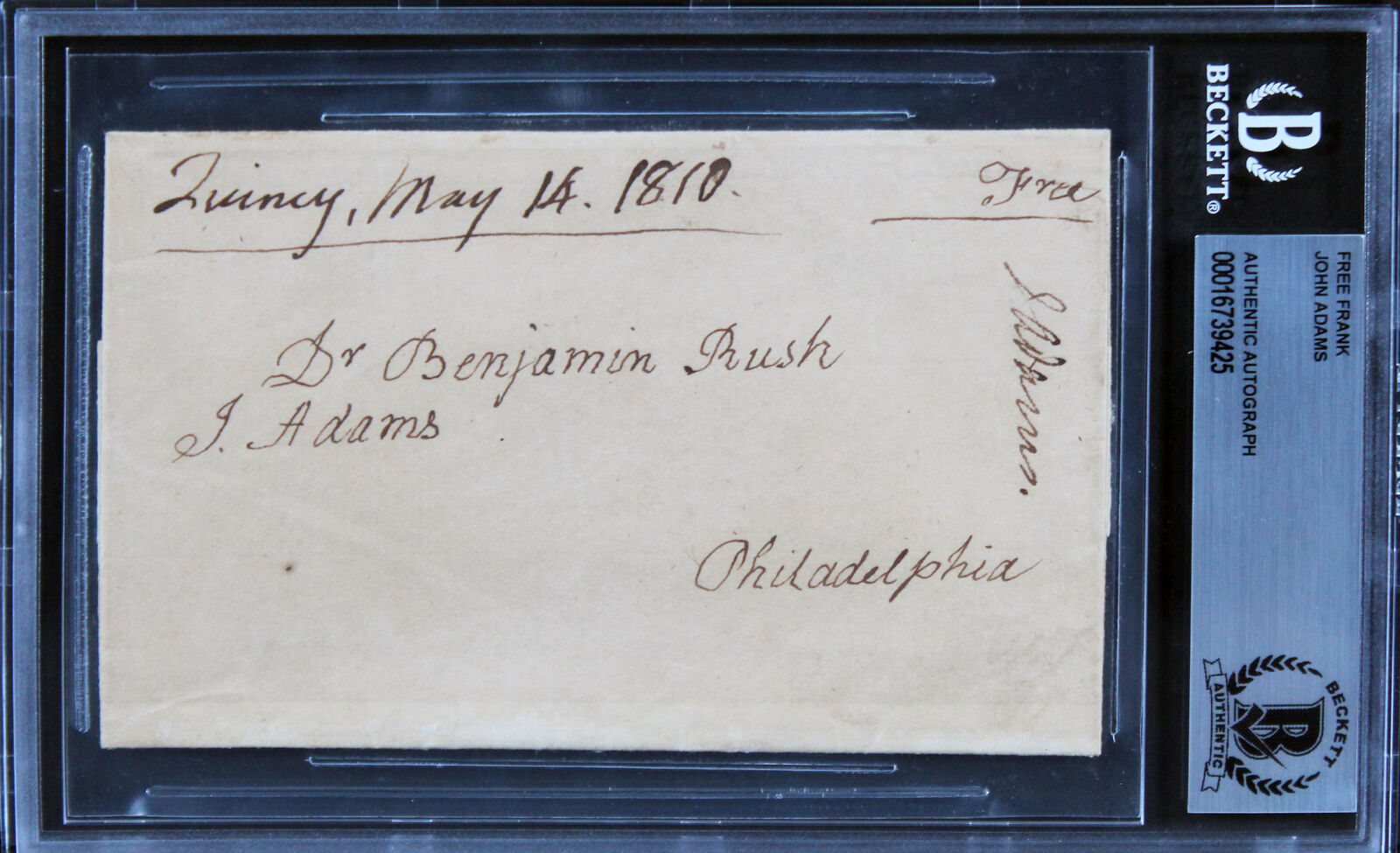 John Adams Authentic Signed 3.25x5 1810 Free Frank To Benjamin Rush BAS Slabbed