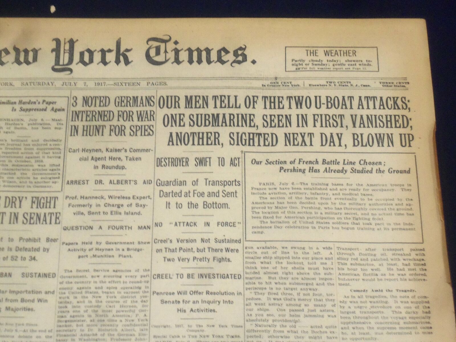 1917 JULY 7 NEW YORK TIMES - TWO U-BOAT ATTACKS - NT 9297