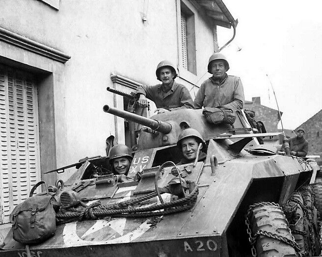 US Soldiers in M8 Military Vehicle in French Village 8x10 WWII Photo 644a