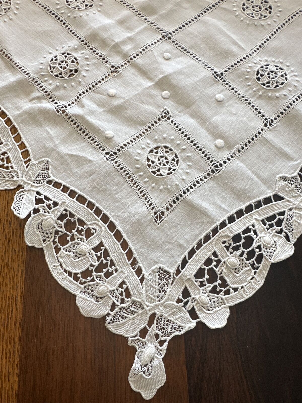 Vintage Tablecloth Whitework Open Work Lace Embroidered 59x59
