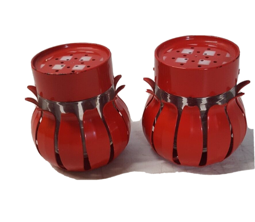 Vintage Red Metal Salt and Pepper Shakers Flowers Checked Top 191