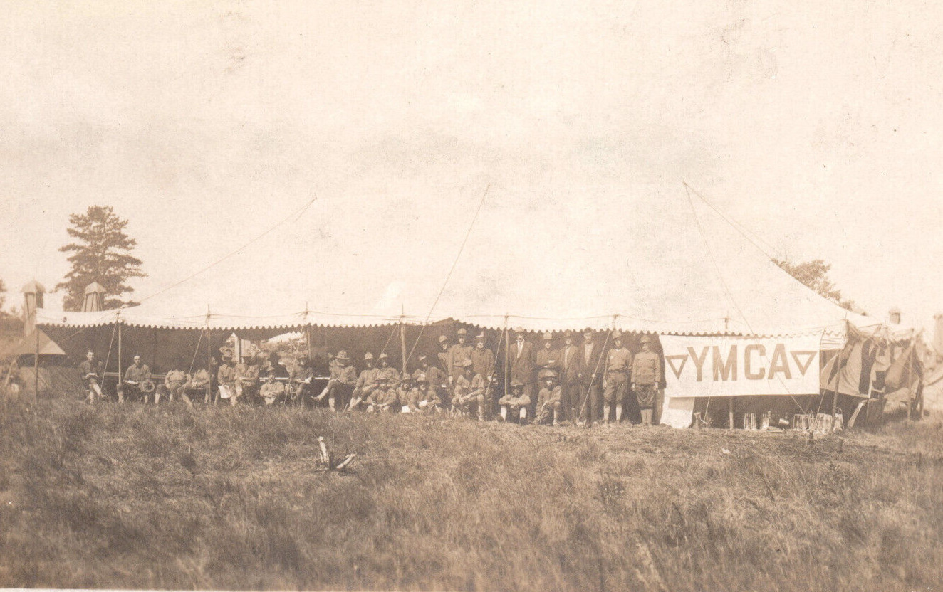 WWI YMCA Tent Army Soldiers World War 1 Real Photo Postcard Rppc