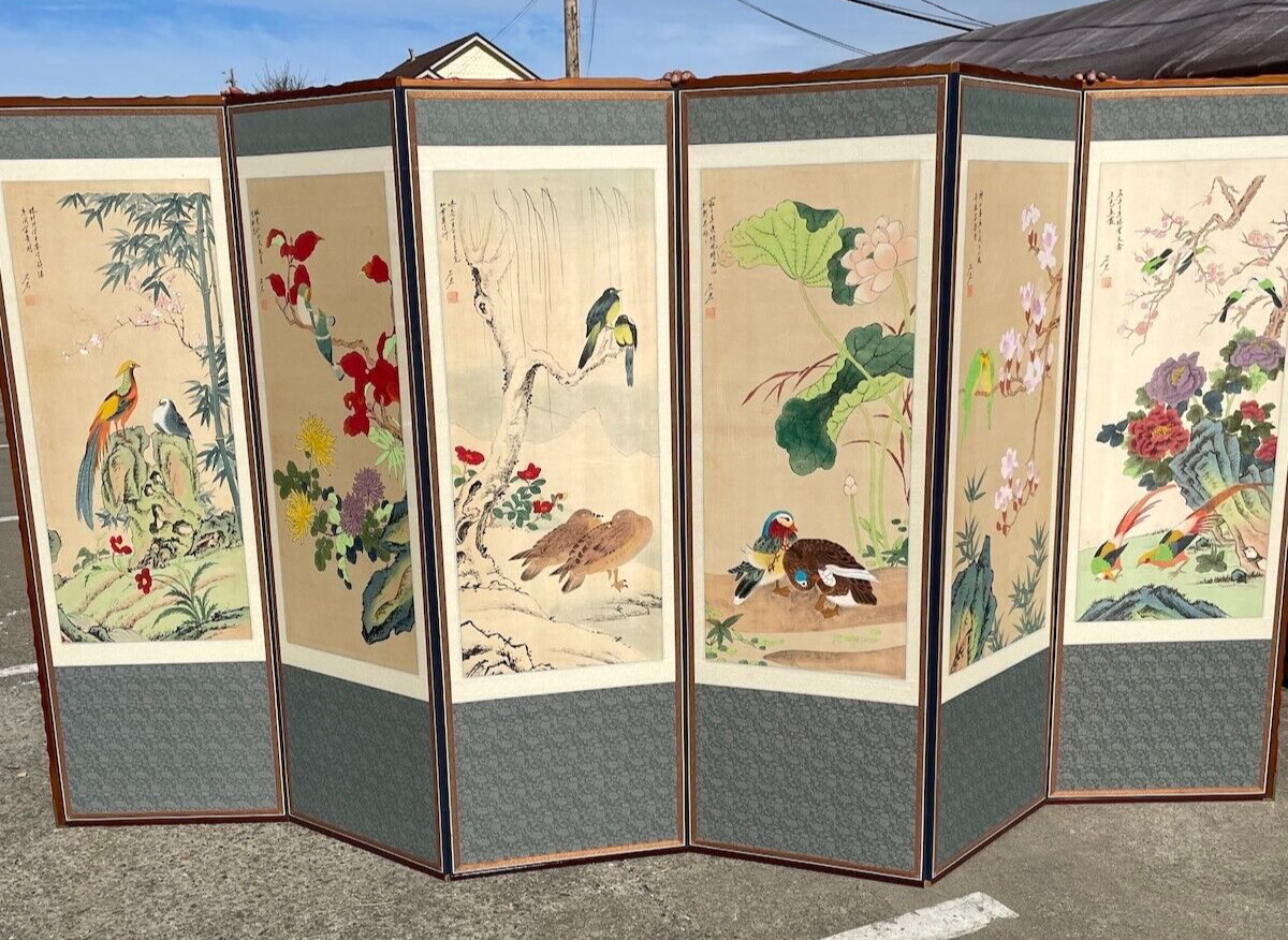 Vintage 6 Panel Silk Screen/Room Divider with Bird Scenery