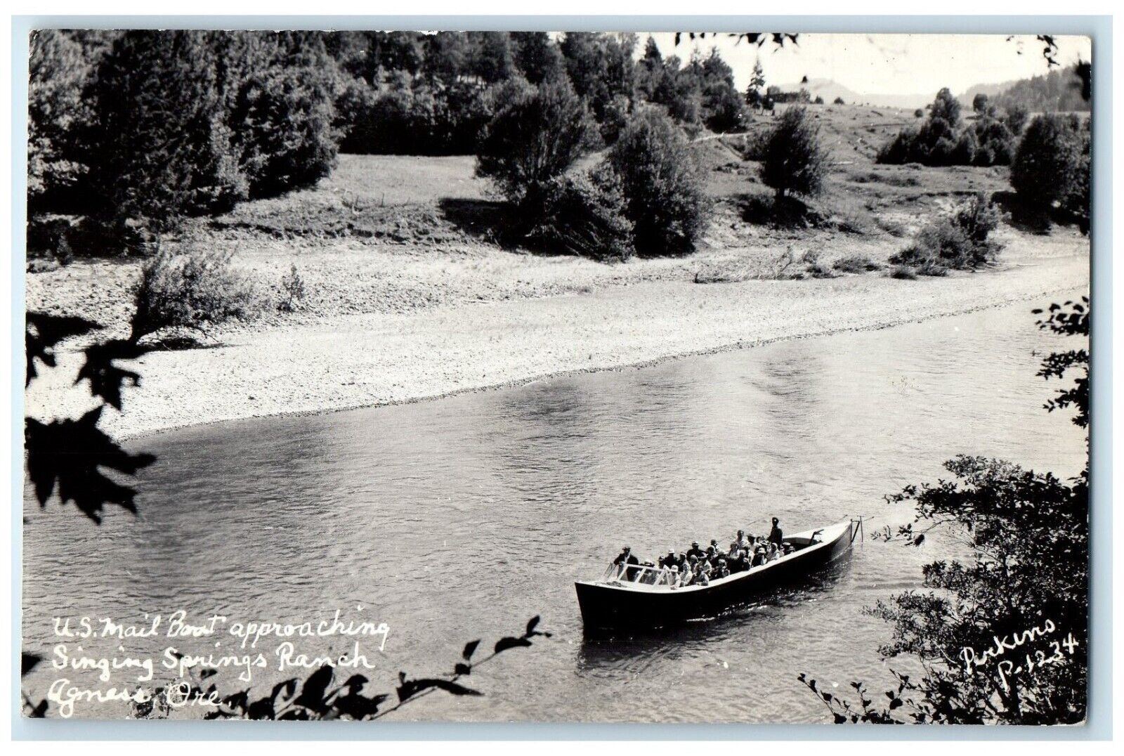 US Mail Boat Approaching Singing Springs Ranch Agness Oregon RPPC Photo Postcard