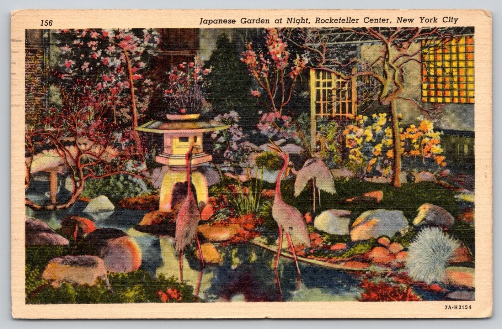 Postcard NY New York City Japanese Garden At Night Rockefeller Center A17