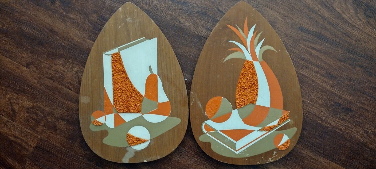 2 Vintage MCM Popcorn Art Wood Wall Plaques Teardrop Orange 1960s Pair Art