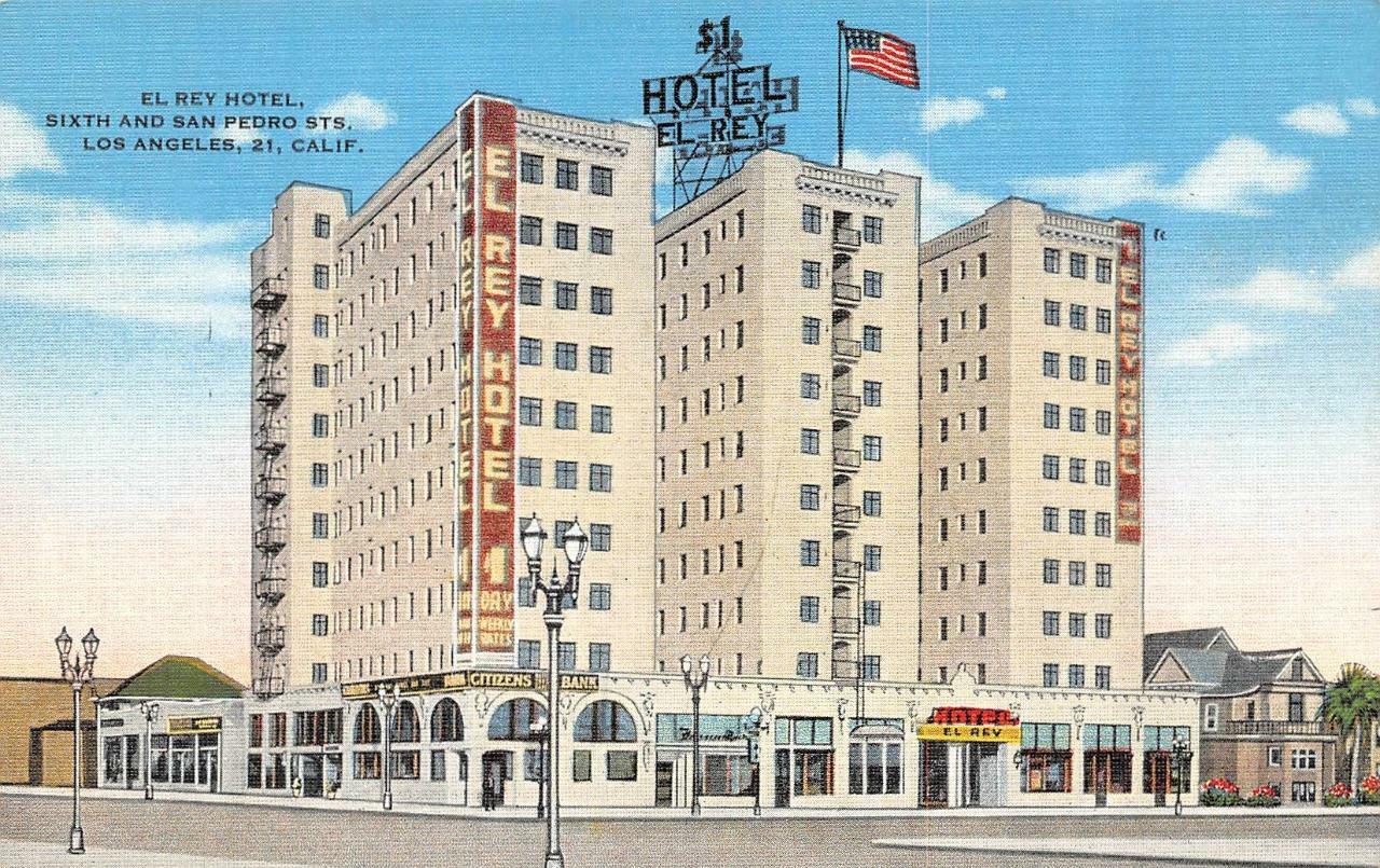 LOS ANGELES, CA California   EL REY HOTEL~Citizens Bank   c1940\'s Linen Postcard