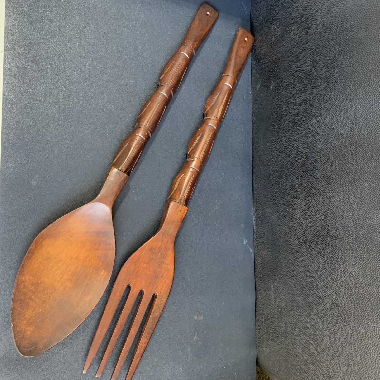 Vintage Large Hand Carved Wooden Fork and Spoon Wall Decor 25” Wood Totem