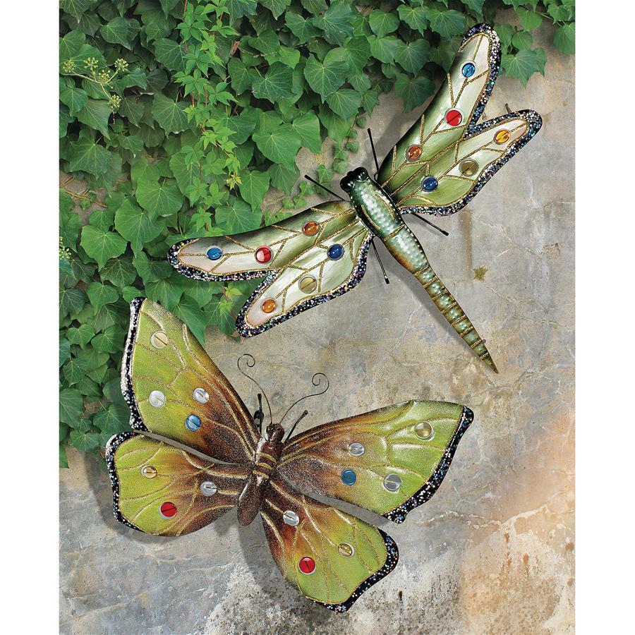 Sparkling Giant Dragonfly & Butterfly Hand Crafted Metal & Cabochons Wall Decor