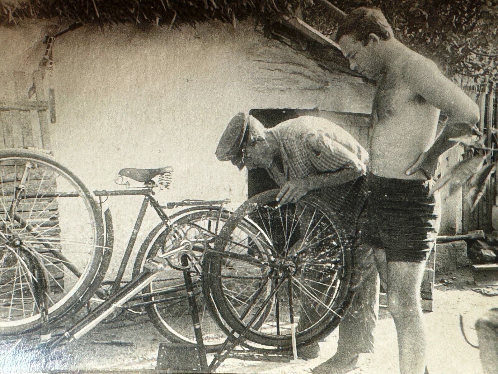 1950s Bicycles Two Men Very Handsome Shirtless Guys Bicycle Repair Vintage Photo