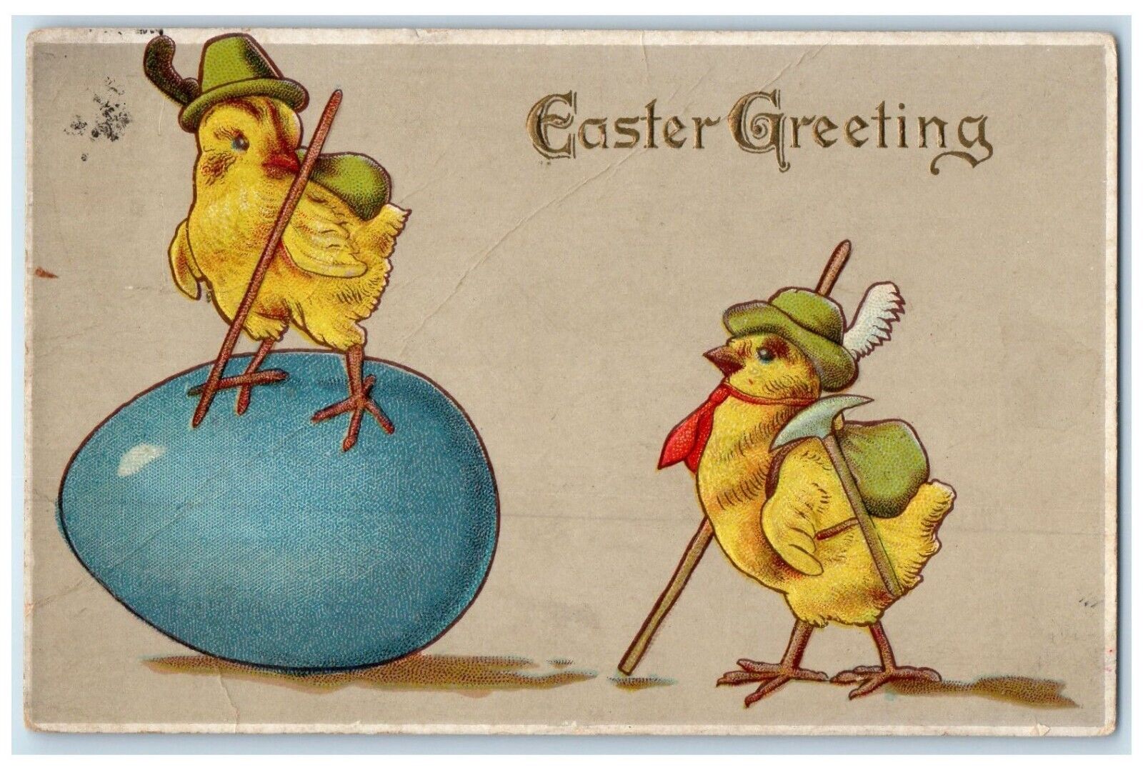 1928 Easter Greetings Egg Anthropomorphic Chicks Mountain Climb German Postcard