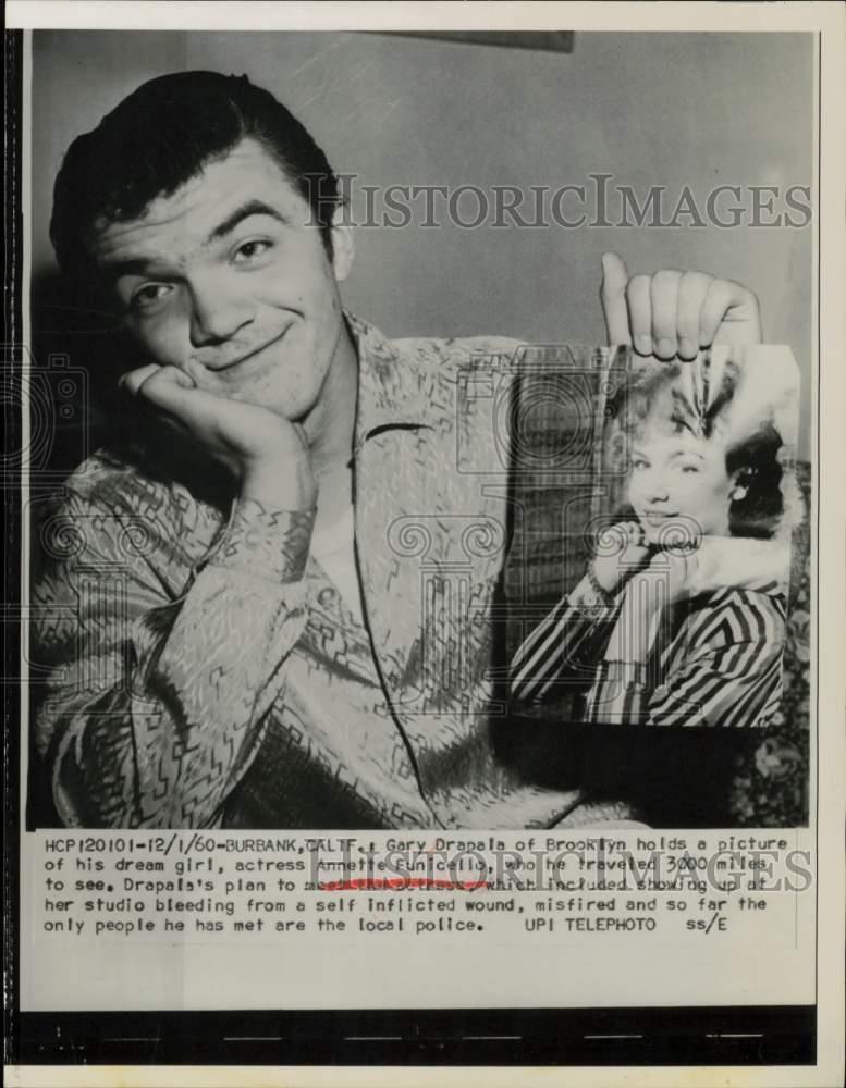 1960 Press Photo Gary Drapala of Brooklyn Holds Photo of Annette Funicello