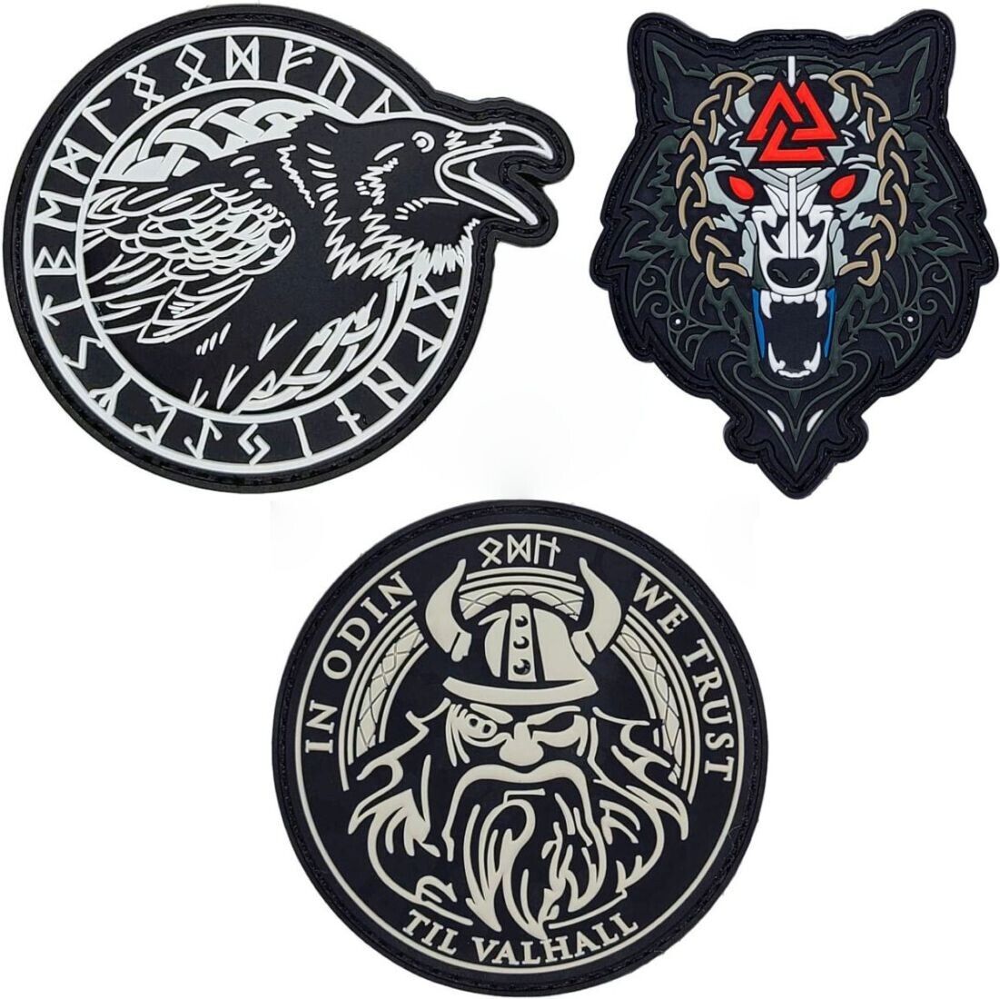 Odin We Trust Odin\'s Ravens Wolf Walknut PVC RUBBER PATCH |3PC HOOK BACKING