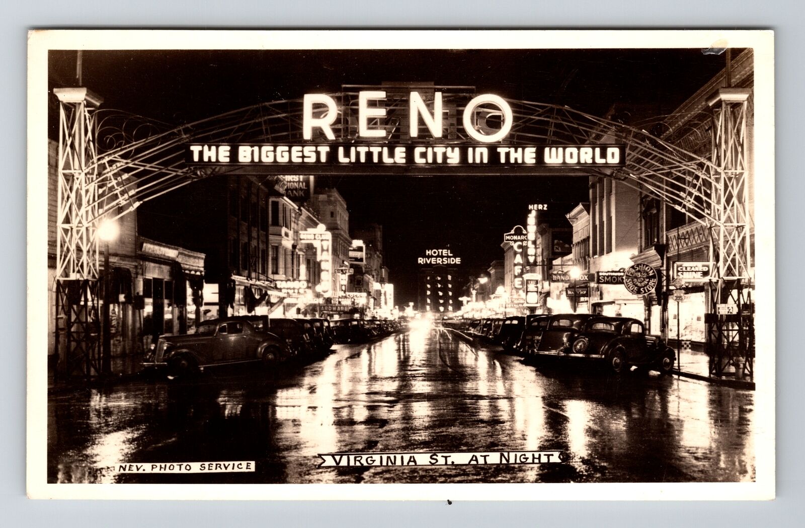 Reno NV-Nevada RPPC, Welcome Sign Marquee at Night, Real Photo Postcard