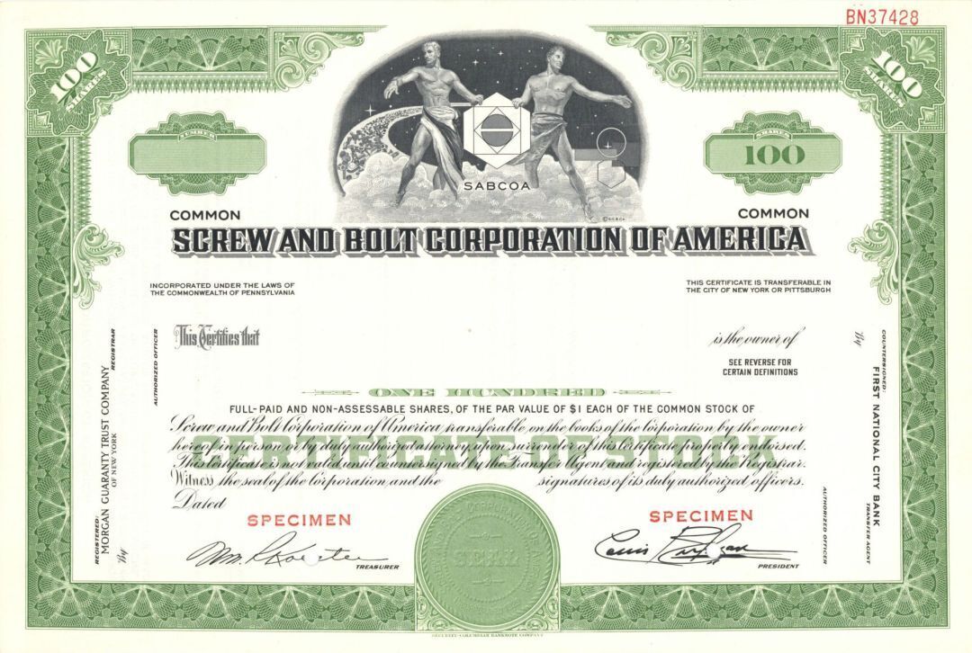 Screw and Bolt Corporation of America - 1929 dated Specimen Stock Certificate - 